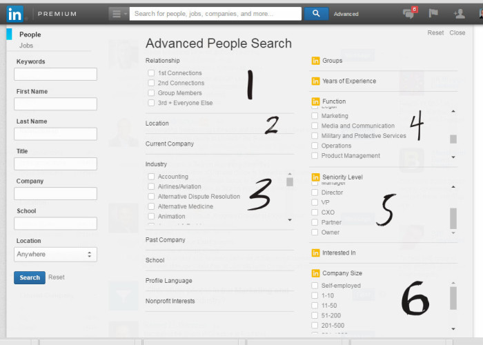 LinkedIn advanced Search functionality